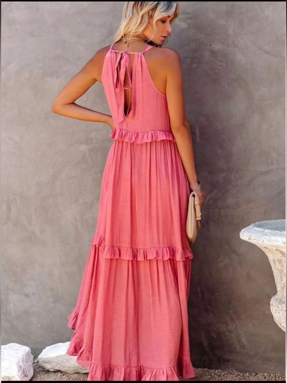 Boho Maxi Halter Ruffle Dress in Coral Pink - Picture 2 of 4